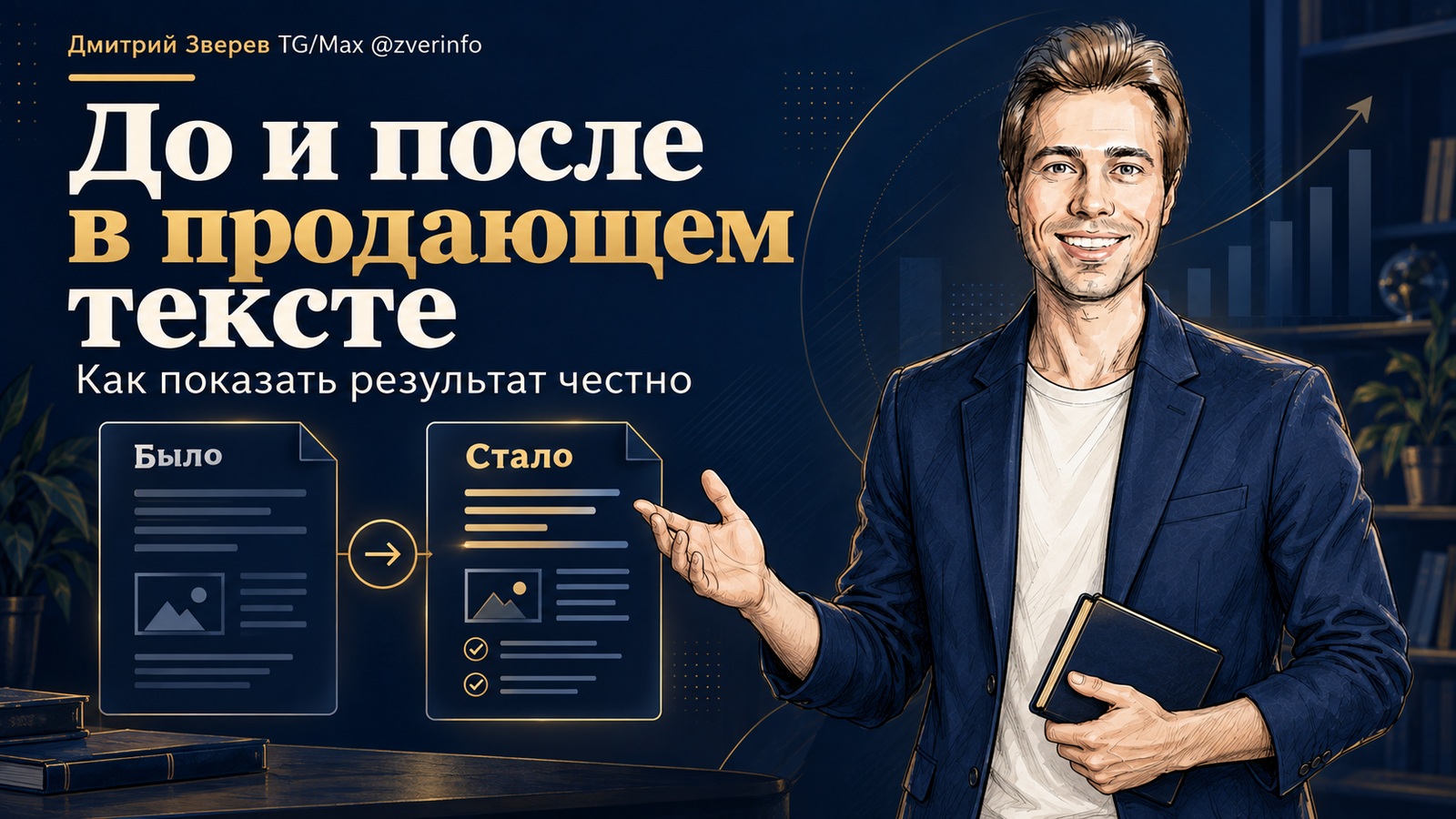 Дмитрий Зверев объясняет сравнение до и после в продающем тексте; рядом карточки «Было» и «Стало»