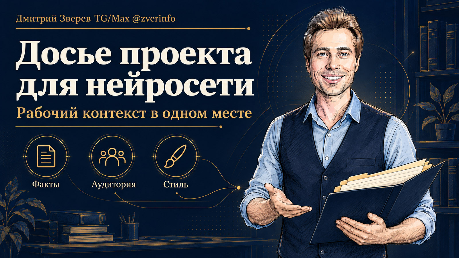 Дмитрий Зверев с папкой досье проекта: факты, аудитория и стиль для работы с нейросетью
