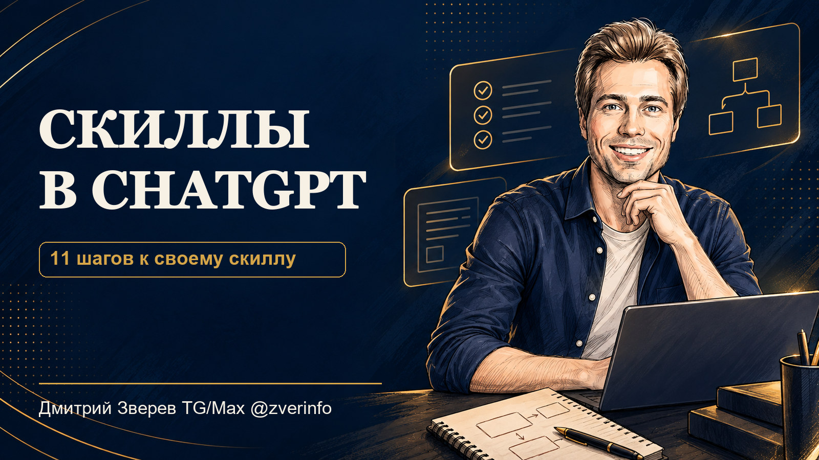 Дмитрий Зверев рядом со схемой скилла ChatGPT и чек-листом из 11 шагов