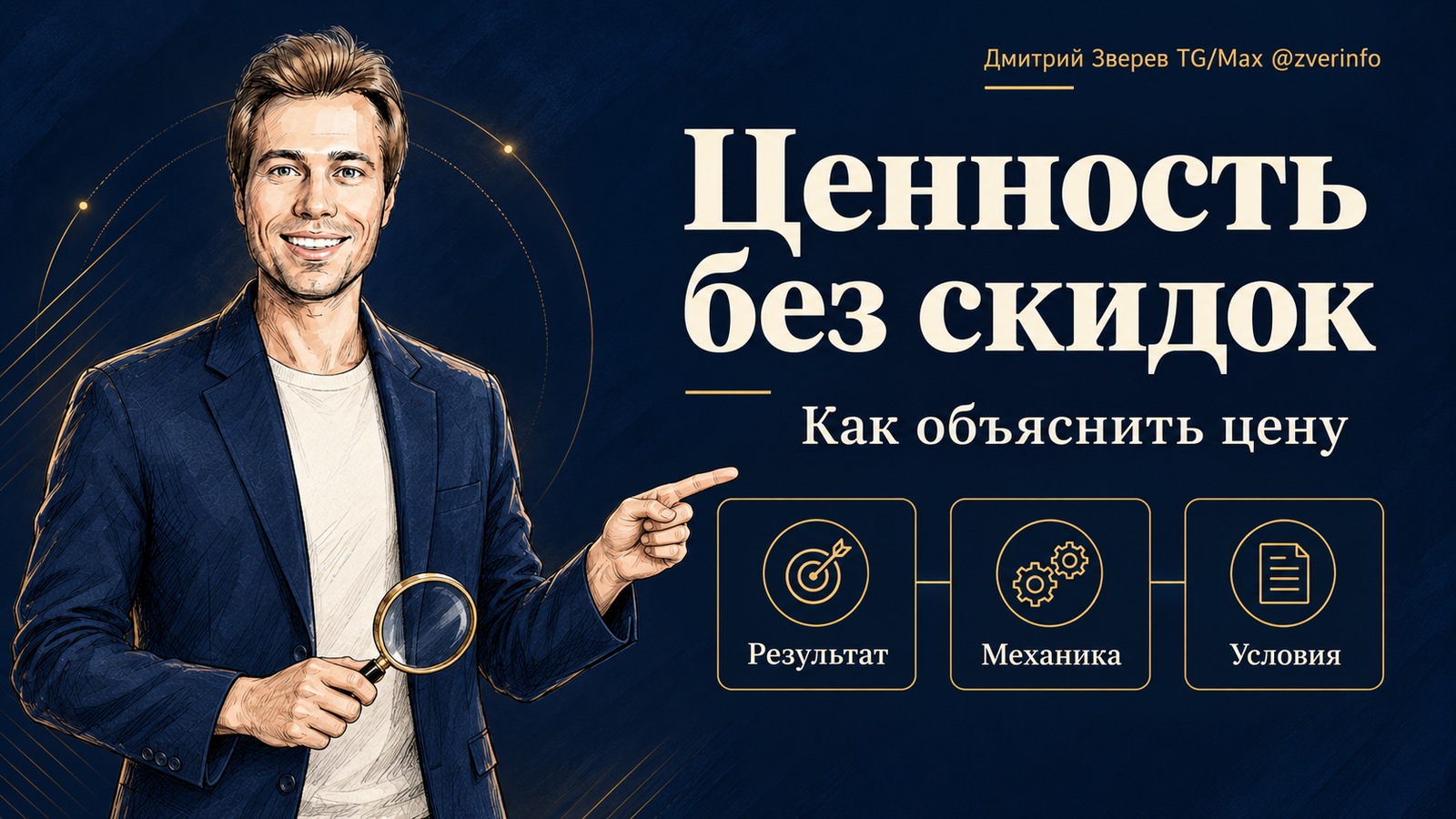 Дмитрий Зверев с лупой указывает на карточки «Результат», «Механика» и «Условия» под заголовком «Ценность без скидок».