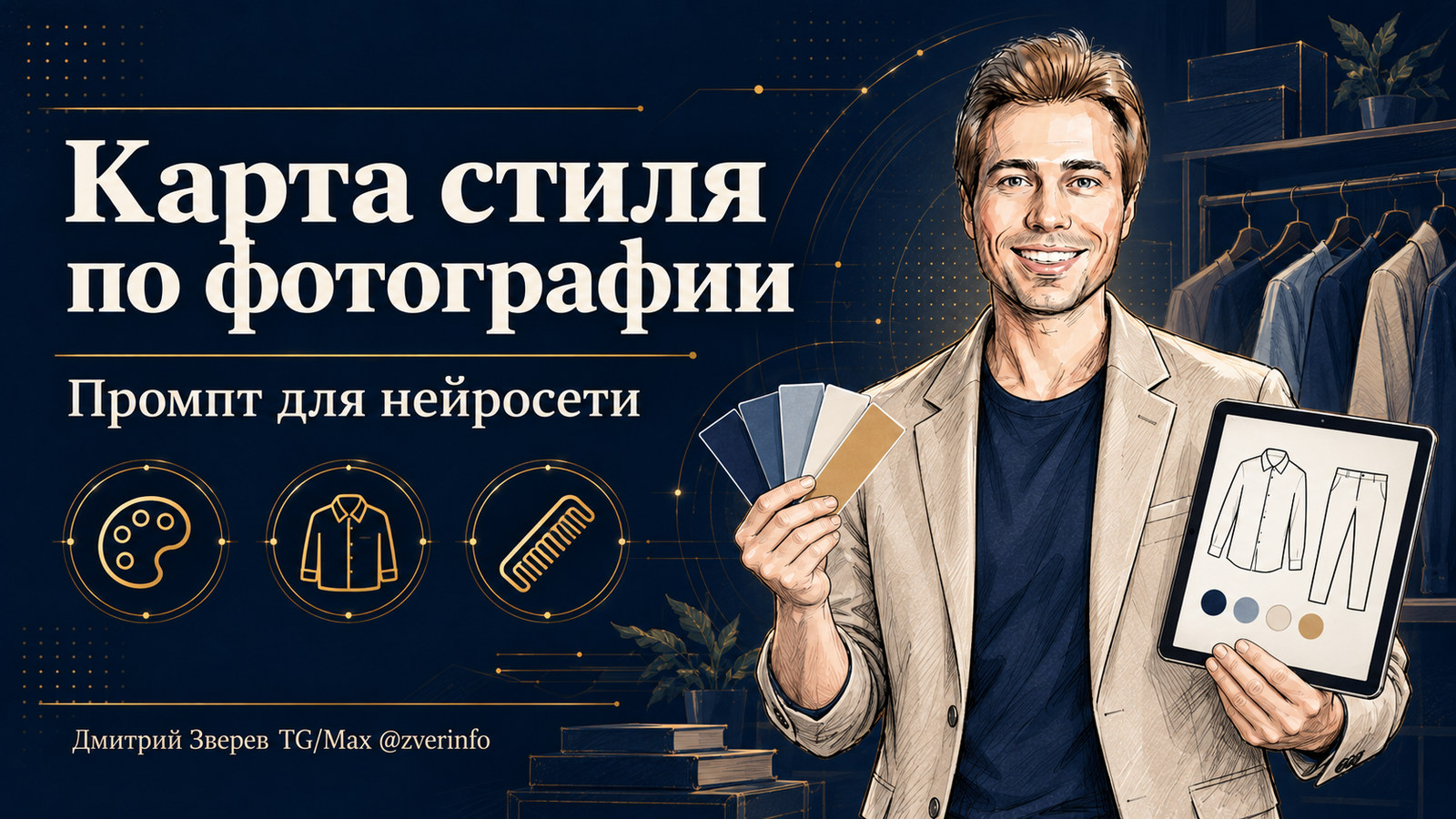 Дмитрий Зверев показывает карту стиля по фотографии с палитрой цветов и вариантами одежды